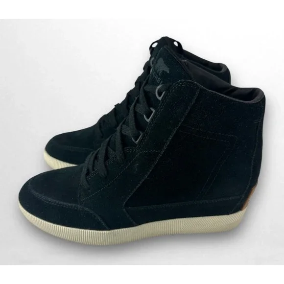 Sorel Out n About Wedge Shoes Suede Ankle Boot Black Lace Sneakers Women's 8.5 - Picture 2 of 16